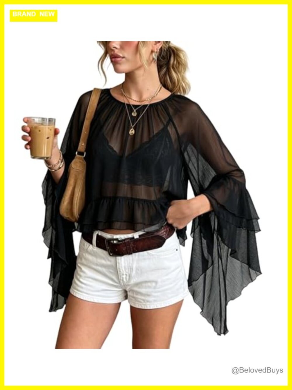 Ruffled Chiffon Blouse Bell Sleeve Flowy Crop Top Women
